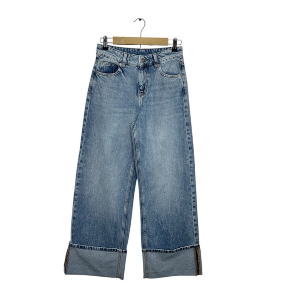 H&M Cotton Blue Wash High Rise‎ Flattering Wide Leg Foldover Cuffed Jeans 0